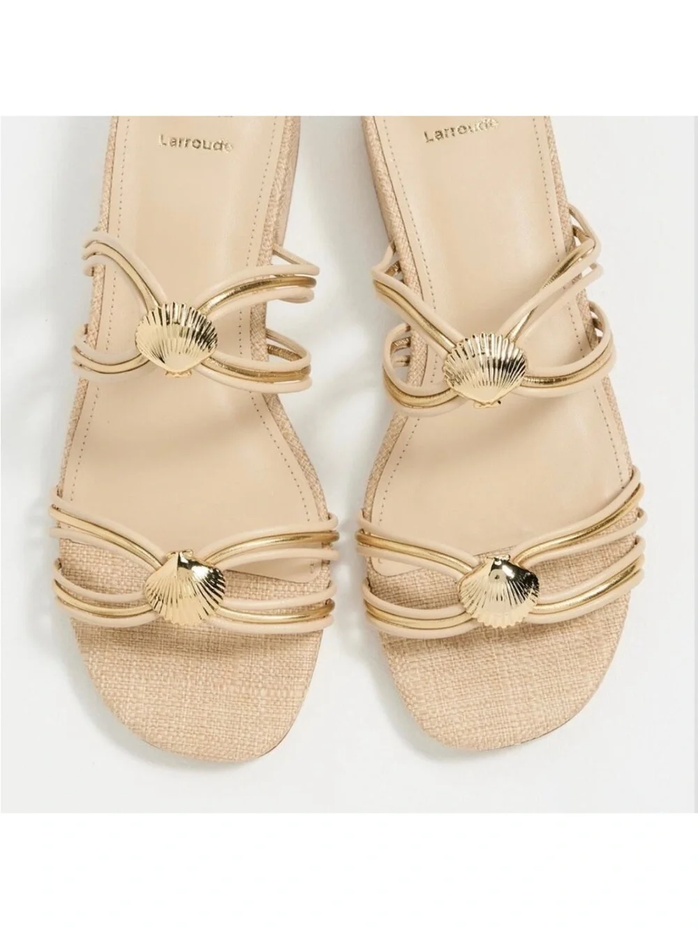 Larroudé Shelly Mule Sandal Strappy Leather Beige Gold Seashell Accent